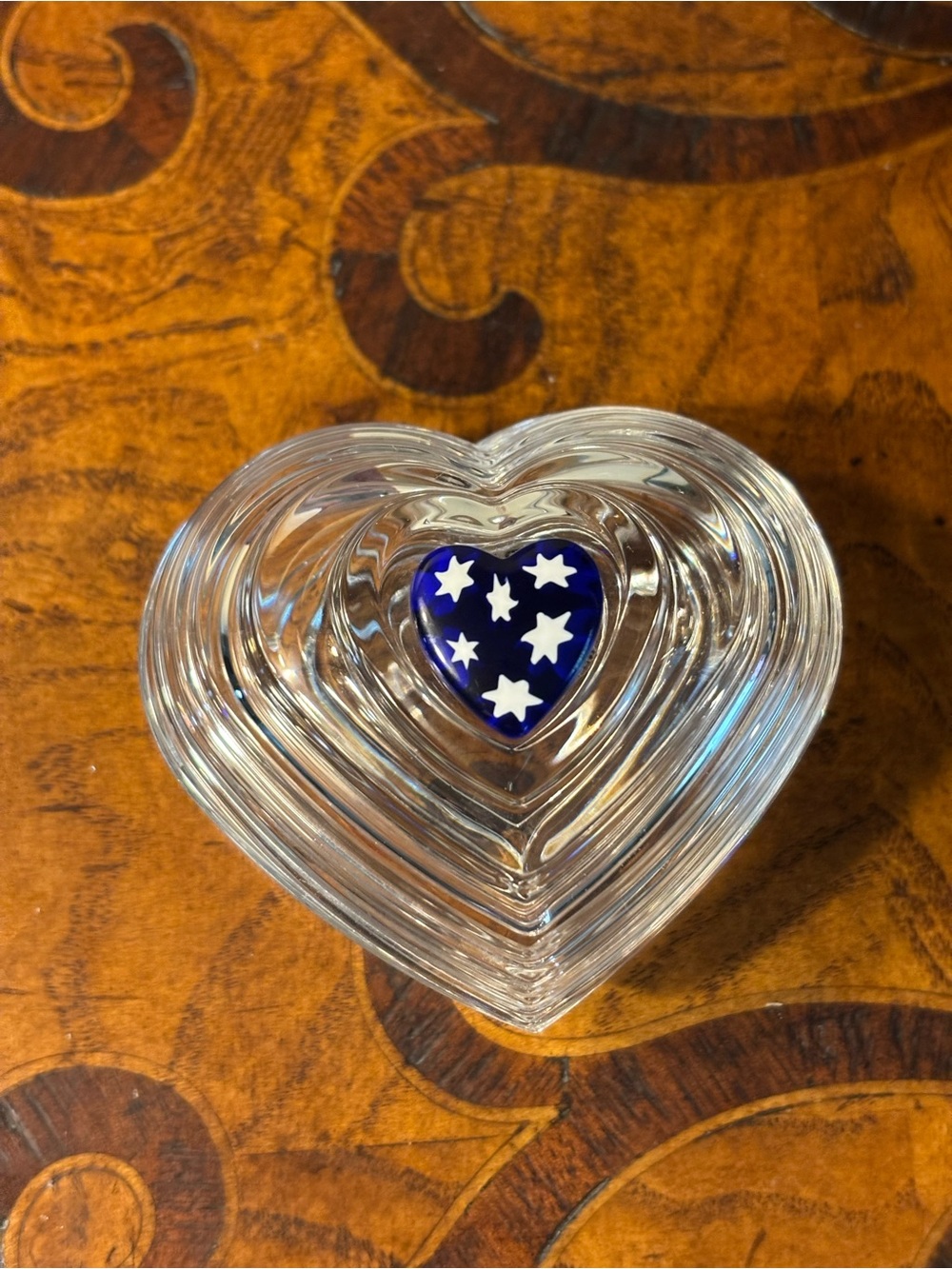 Vinciprova Murano Glass Clear Heart Dish with Deep Blue Star Heart